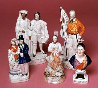 Staffordshire-figuren van Sir Robert Peel, Aartsbisschop Cranmer, Othello en Iago, Koningin Victoria en Prins Albert en Vrijheid door English School